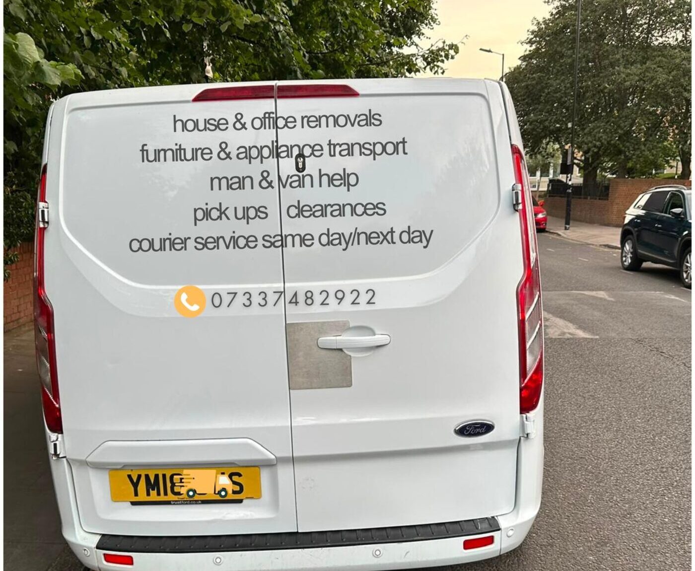 Make a Move van, rear view listing services: house and office removals, furniture and appliance transport, man and van help, pick ups, clearances and courier